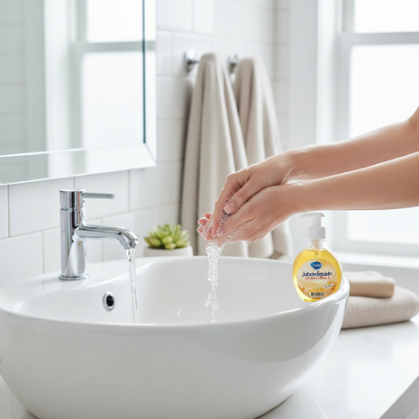 Tópico jabón líquido antibacterial avena – aplicación en manos – lavabo moderno – higiene diaria