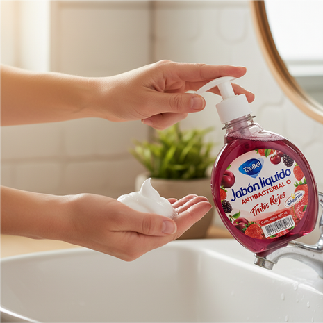 Jabón líquido antibacterial TopBel Frutas Rojas – lavado de manos efectivo