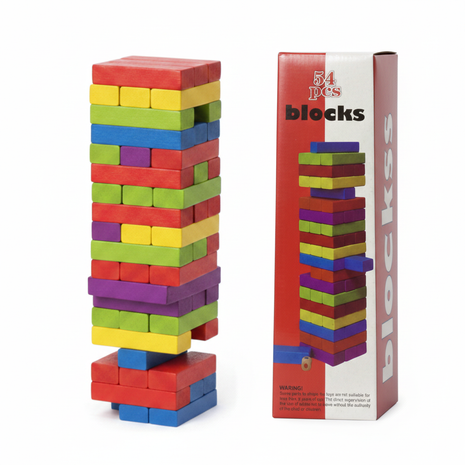 Jenga 54 piezas bloques madera multicolor torre 27cm – juego de mesa equilibrio y estrategia familiar

