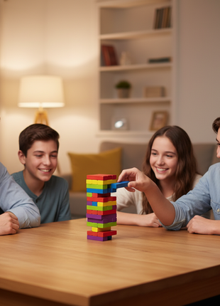 Familia jugando Jenga bloques madera de colores – juego de equilibrio y adrenalina para todas las edades

