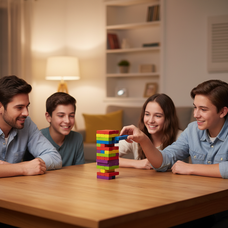 Familia jugando Jenga bloques madera de colores – juego de equilibrio y adrenalina para todas las edades


