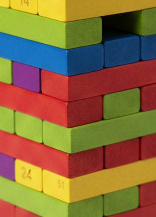 Macro bloques madera Jenga colores vivos con números grabados – calidad premium juego de equilibrio familiar

