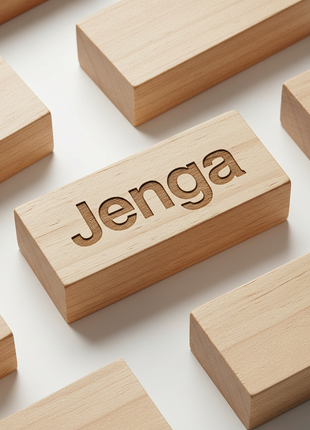 Jenga bloques madera natural veta fina superficie lisa grabado premium Hasbro