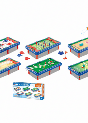 Action juego 6 en 1 flat lay accesorios hockey billar golf boliche fútbol básquet