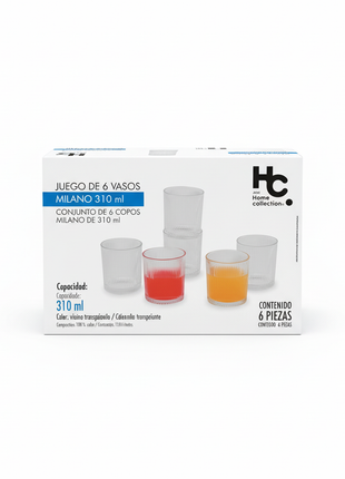 Juego Vasos Milano 310ml HC - caja packaging fondo blanco