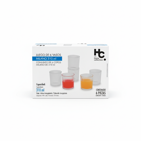 Juego Vasos Milano 310ml HC - caja packaging fondo blanco