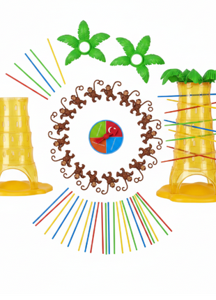 Tumblin' Monkeys flat lay - torre, 12 monos, palitos de colores y ruleta incluidos en el juego