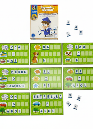 Jugando y Leyendo – flat lay con 9 tableros y fichas de letras – 27 palabras – juego didáctico completo