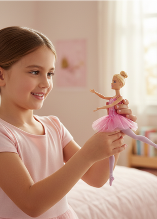 Barbie Bailarina - niña jugando con muñeca en pose de ballet, juego imaginativo y creativo
