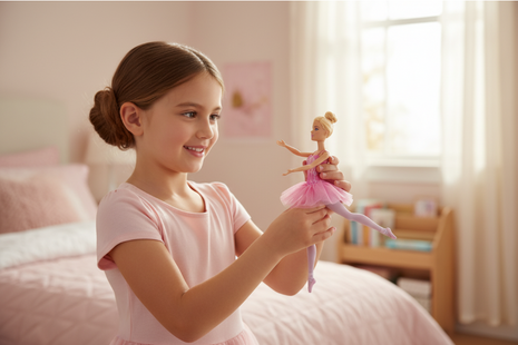 Barbie Bailarina - niña jugando con muñeca en pose de ballet, juego imaginativo y creativo