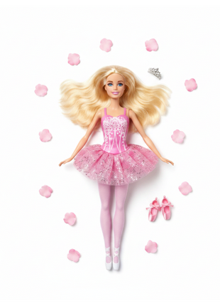 Barbie Bailarina flat lay - muñeca con tutú rosa, zapatillas ballet y accesorios incluidos