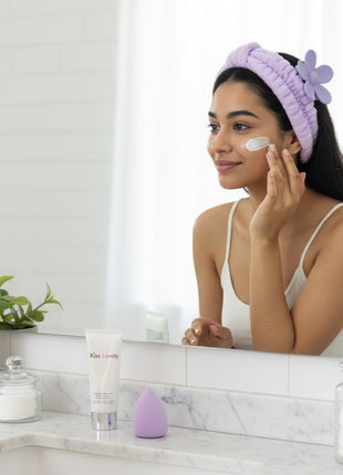 Kiss Lovely – diadema spa esponjosa – rutina de skincare y maquillaje – set de belleza femenino