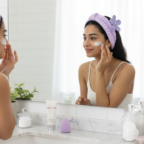 Kiss Lovely – diadema spa esponjosa – rutina de skincare y maquillaje – set de belleza femenino