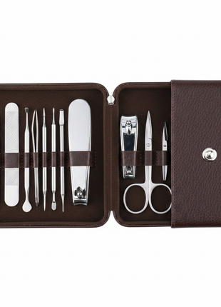 Kit manicure 12 piezas – estuche cuero marrón – acero inoxidable – cortaúñas tijeras lima y más