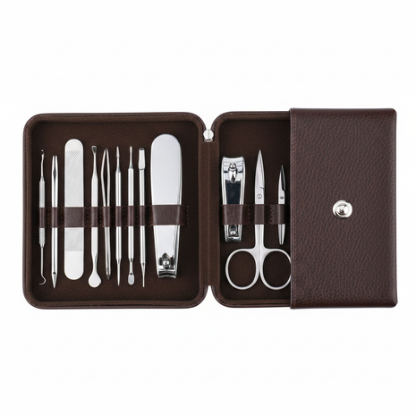 Kit manicure 12 piezas – estuche cuero marrón – acero inoxidable – cortaúñas tijeras lima y más