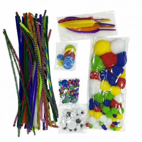 Kit manualidades completo limpiapipas plumas pompones botones lentejuelas ojos móviles