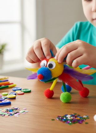Kit manualidades infantil creatividad y arte figuras coloridas con pompones y plumas