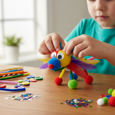 Kit manualidades infantil creatividad y arte figuras coloridas con pompones y plumas