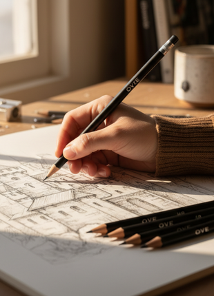 OVE lápices técnicos - artista dibujando castillo con grafito, set completo 12 grados para dibujo preciso