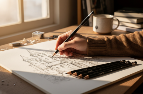OVE lápices técnicos - artista dibujando castillo con grafito, set completo 12 grados para dibujo preciso