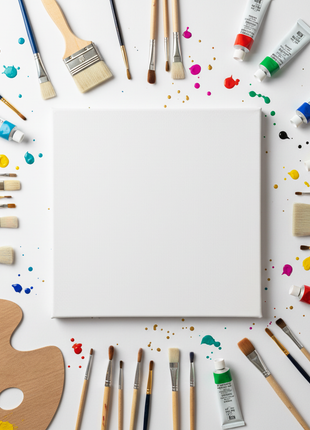 Flat lay lienzo estirado 20x25cm con pinceles y pinturas acrílicas – material de arte premium para artistas

