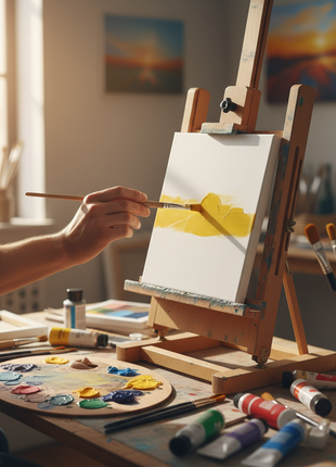 Artista pintando sobre lienzo estirado 20x25cm algodón – superficie ideal para pintura acrílica y técnicas mixtas

