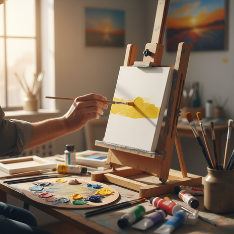Artista pintando sobre lienzo estirado 20x25cm algodón – superficie ideal para pintura acrílica y técnicas mixtas

