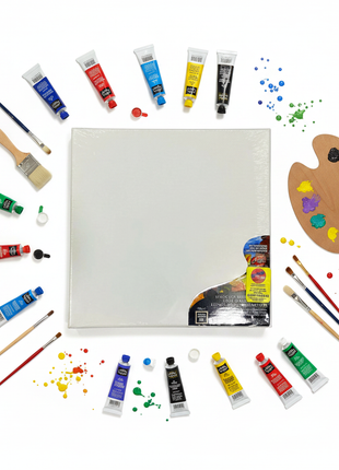 Flat lay lienzo cuadrado 25x25cm con pinceles y pinturas acrílicas – material de arte premium para artistas

