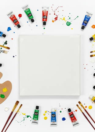 Flat lay lienzo cuadrado 30.5x30.5cm con pinceles y pinturas acrílicas – material de arte premium para artistas

