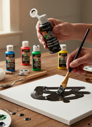 Artista usando pintura acrílica negra DecoArt sobre paleta, color opaco intenso para manualidades y pintura en tela

