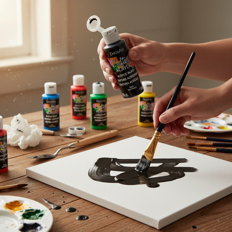 Artista usando pintura acrílica negra DecoArt sobre paleta, color opaco intenso para manualidades y pintura en tela

