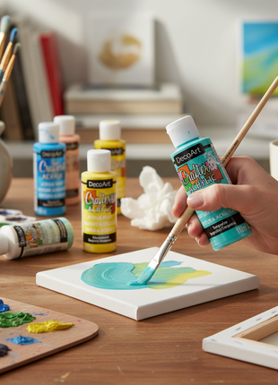 Artista usando pintura acrílica turquesa DecoArt sobre paleta, color agua ideal para manualidades y decoupage