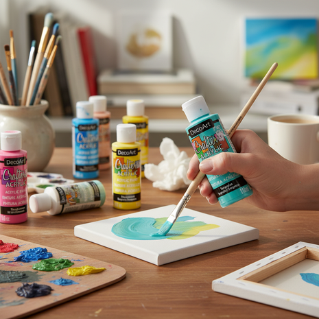 Artista usando pintura acrílica turquesa DecoArt sobre paleta, color agua ideal para manualidades y decoupage