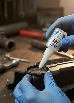 Loctite 725 – aplicación de cianoacrilato en componente industrial de goma – adhesivo de precisión para reparaciones técnicas

