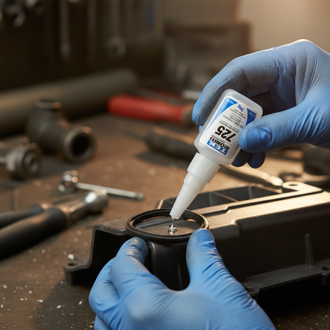 Loctite 725 – aplicación de cianoacrilato en componente industrial de goma – adhesivo de precisión para reparaciones técnicas

