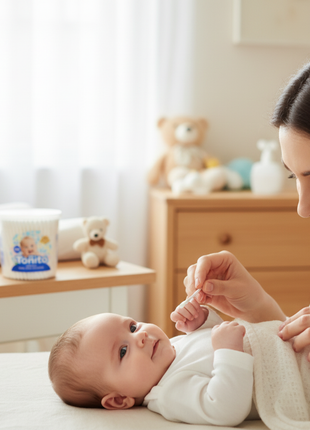 Mamá limpiando oídos de bebé con hisopos Toñito