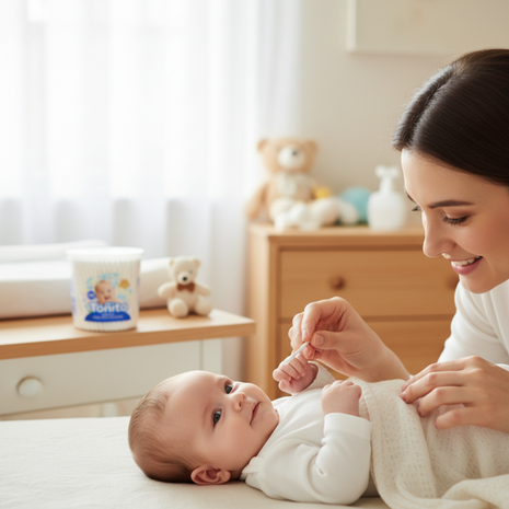 Mamá limpiando oídos de bebé con hisopos Toñito