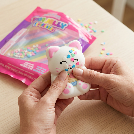 Manos utilizando el squishy de gatito