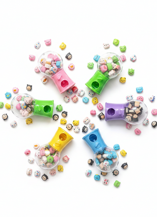 Mini gashapon flat lay 6 colores figuras kawaii coleccionables rosa verde amarillo rojo