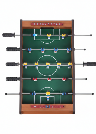 RAVE mini futbolín flat lay campo verde jugadores rojo azul barras madera natural

