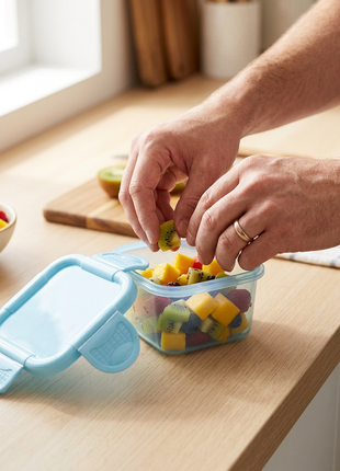Mini táper celeste usado para guardar fruta
