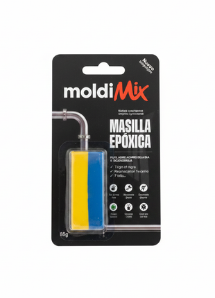 MoldiMix Masilla Epóxica – masilla bicomponente en blíster azul y amarillo – sellado y reparación de tuberías, metal y concreto

