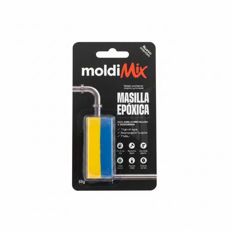 MoldiMix Masilla Epóxica – masilla bicomponente en blíster azul y amarillo – sellado y reparación de tuberías, metal y concreto

