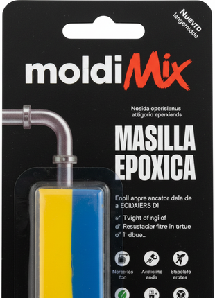 MoldiMix Masilla Epóxica – detalle de barra y etiqueta de marca – masilla bicomponente de alta adherencia para sellado y reparación