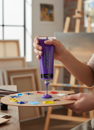 Artista aplicando pintura acrílica morada 75ml sobre paleta, color vibrante para pintura en tela y arte Perú

