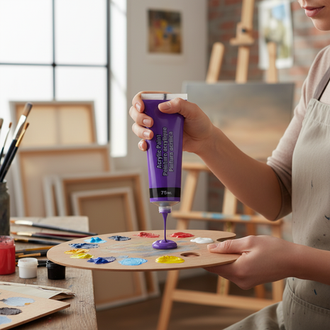 Artista aplicando pintura acrílica morada 75ml sobre paleta, color vibrante para pintura en tela y arte Perú


