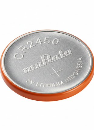 Murata CR2450 – detalle de grabado y borde naranja – pila de litio 3V de alta capacidad para dispositivos de precisión

