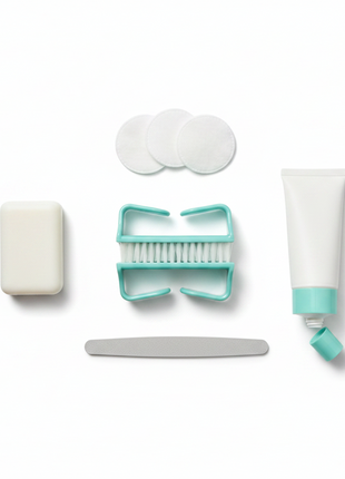 Cepillo de uñas turquesa flat lay accesorios manicure cerdas firmes higiene completa