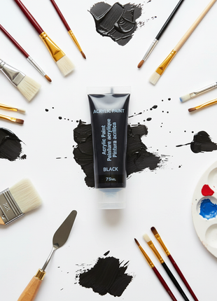 Pintura acrílica negra 75ml con pinceles y materiales de arte, set completo para artistas y manualidades Perú

