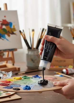 Artista aplicando pintura acrílica negra 75ml sobre paleta, color opaco intenso para pintura en tela Perú

